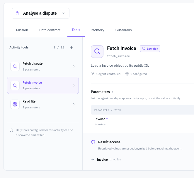 Agent Studio: Analyse a dispute activity, three allowed tools, and Fetch invoice configuration.