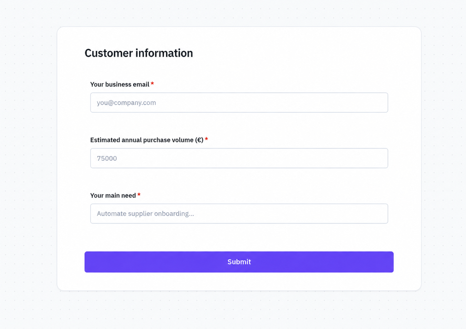 Customer information form with work email, annual purchase volume, and primary need fields.