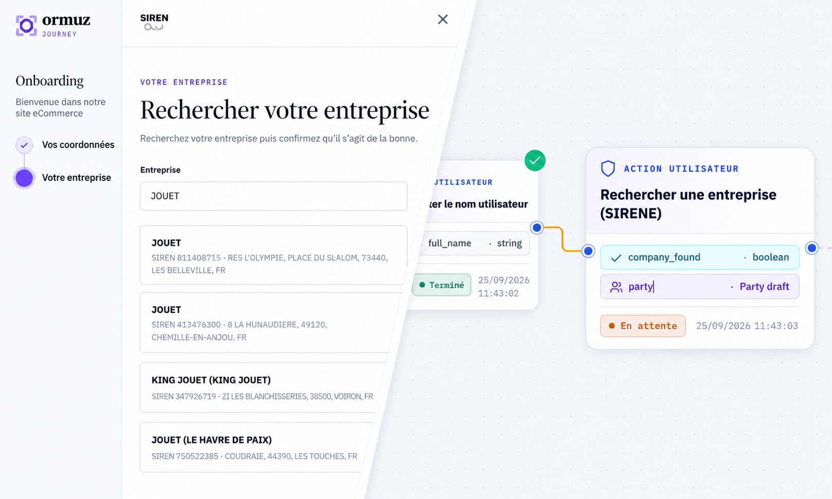 La recherche d’entreprise dans Journey, reliée à la même action utilisateur en attente dans une instance de Processus.